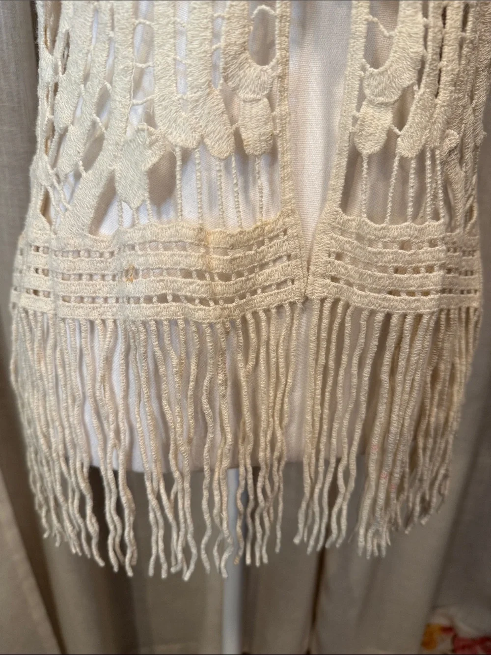 Boho Festival Crochet Vest Cream Fringe Tie Front Love Tree Medium-NWOT - Picture 3 of 12